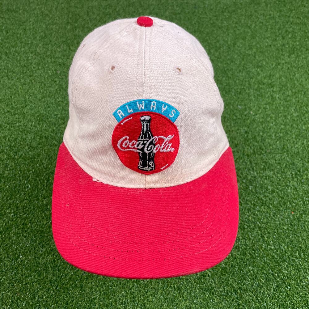 Vintage 90s Always Coca-Cola Snapback Hat Red Cream Green Brim OS